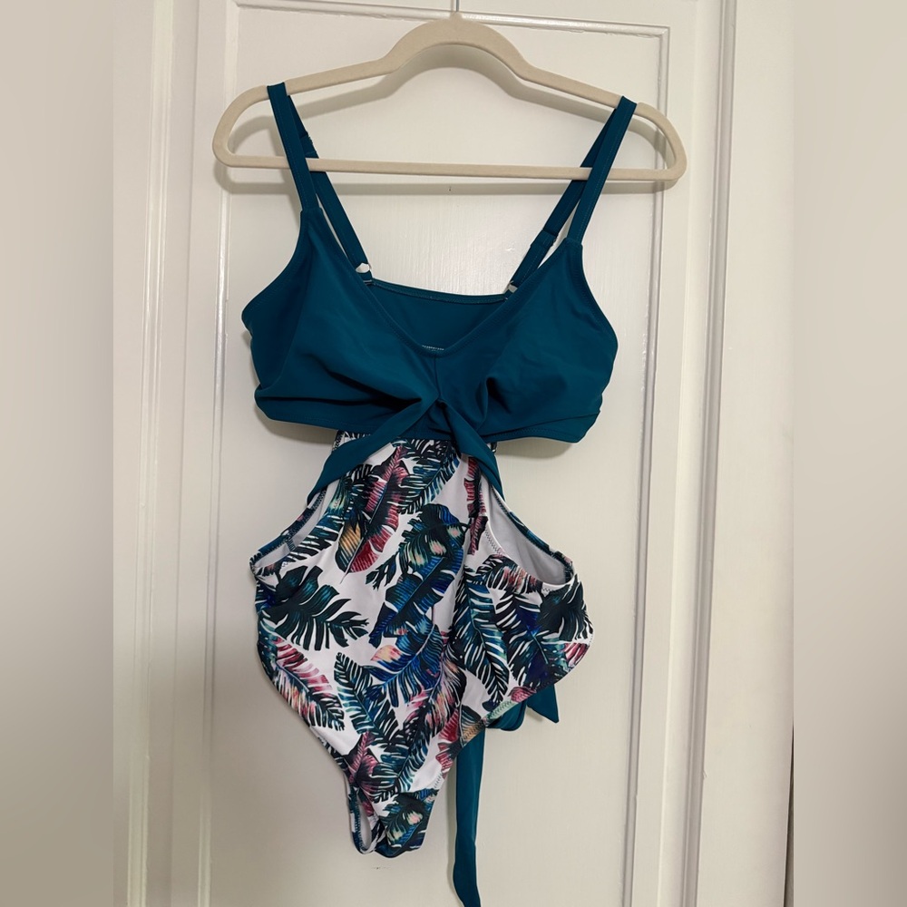 Teal One-Piece Swimsuit with Tropical Leaf Print